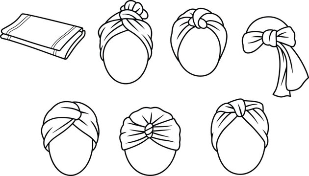 Headwrap tying guide illustration, turban styles step-by-step, fabric wrap techniques, vector set for fashion design, cultural expression, hair styling,