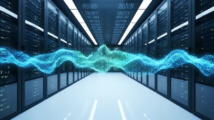Futuristic server room with flowing digital wave technology. - Powered by Adobe