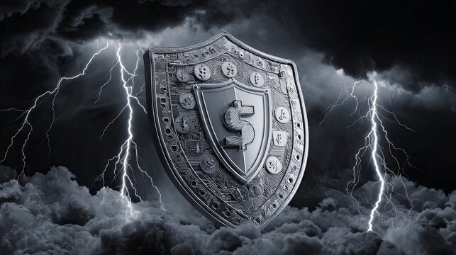 Metallic shield with dollar symbol stands strong among dark storm clouds and lightning, symbolizing financial protection and security against market volatility - Powered by Adobe