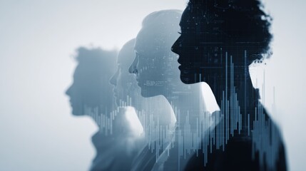 Silhouettes of diverse women with digital data overlay, representing artificial intelligence, technology, and innovation in business, with futuristic and empowering atmosphere