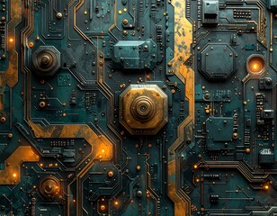 Close-up of intricate electronic circuitry with vibrant gold accents