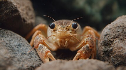 A close up detailed portrait of a curious crayfish peeking out from behind textured rocks in its natural aquatic habitat