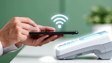 A person making a fast and easy contactless mobile payment by tapping their smartphone on a POS terminal - Powered by Adobe