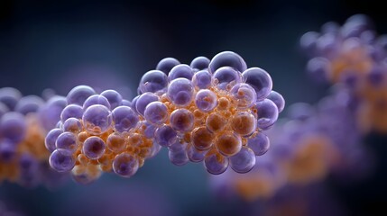 Abstract visualization of translucent purple and orange spheres in a clustered formation