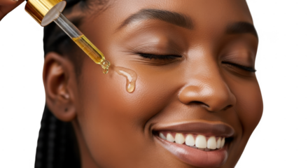 Closeup of a smiling woman with skincare product being applied to her face, showcasing a radiant and healthy complexion isolated on transparent background