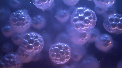 Abstract microscopic view of glowing purple and blue cellular clusters in a fluid environment representing organic growth and science