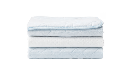 Folded discreet bed protection pads neatly stacked contrasting soft absorbent layers with clean minimalist white backdrop.