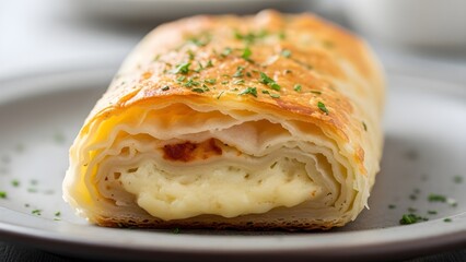 Golden Baked Pastry Filled with Creamy Cheese and Herbs on a Plate