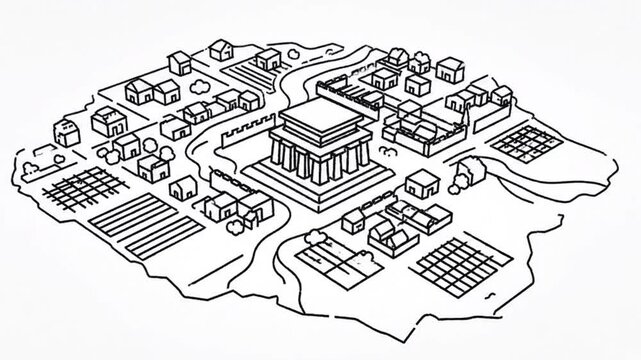 Simple isometric line art progression showing ancient village development centered around a large town hall structure