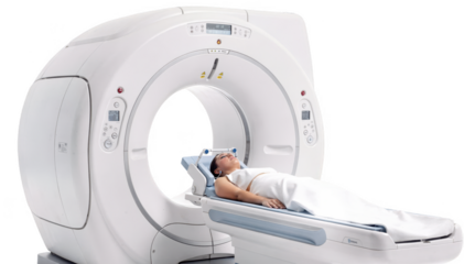 Closeup of an MRI gantry with patients head inside showcasing advanced medical imaging technology used for diagnosing movement disorders in a sterile white background studio setup.