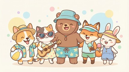 Cheerful Animal Group in Summer Attire