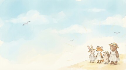 Cute Animal Group in Summer Attire on Beach Background