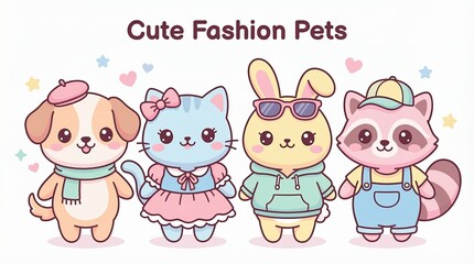 Adorable Cartoon Pets in Trendy Outfits