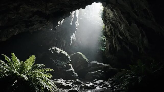 A cave interior features sunlight streaming in, illuminating rocks, plants, and a stream