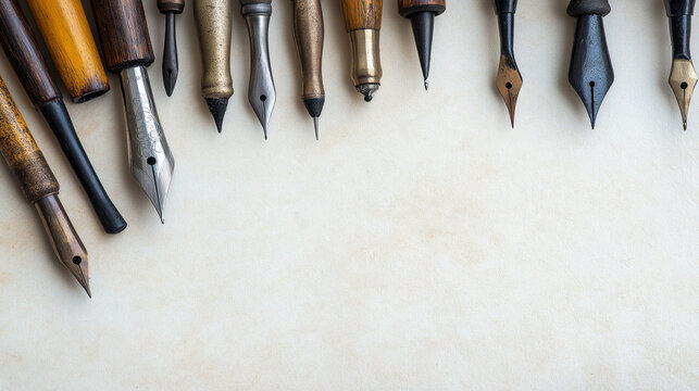 Authentic Antique Writing Tools and Calligraphy Pens on Vintage Parchment Representing Cultural Heritage