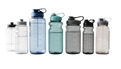 Variety of large water bottles with measurement marks arranged on a gym floor showcasing hydration tools for kidney stone prevention during exercise.