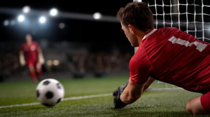 Goalkeeper diving to save penalty kick soccer stadium sports photo nighttime close-up action scene