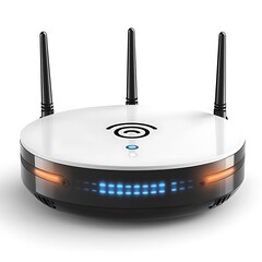 Modern circular wifi router with LED lights and antennas wireless internet photo