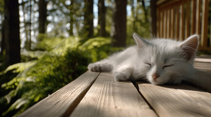 Tiny white kitten sleeping on wooden deck in sunlight, peaceful forest background, soft fur, outdoor nature, tranquil summer day