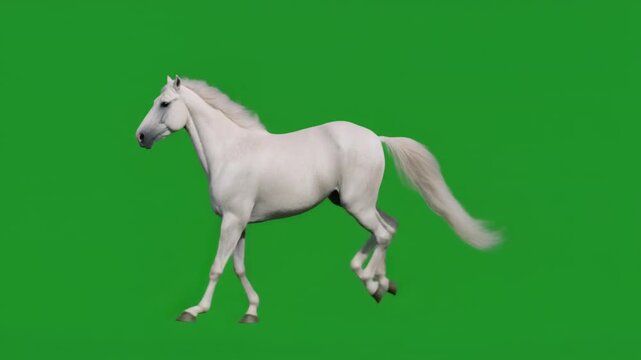A majestic white Lipica horse in motion against a green screen background