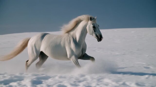 White Lipica Horse galloping through a snow-covered landscape