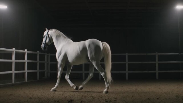 The Majestic Lipica Horse, a Vision of Ghostly White Purity, Elegantly Pacing in a Dramatically Lit Equestrian Arena
