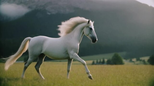 Lipica Horse A Majestic White Stallion Galloping Through a Verdant Meadow
