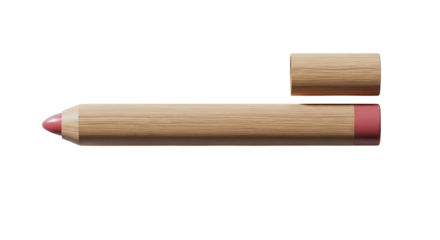 Natural wood grain cosmetic pencil featuring a pointed tip and a separate wooden cap floats against a stark black background representing organic beauty product design elements