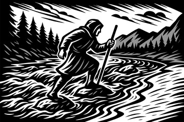 A solitary hooded person wading through a river, using a staff for balance amidst a rugged natural landscape