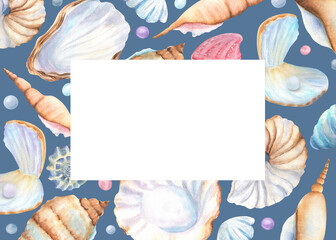 Pre-made ocean-themed postcard with beige, blue and pink seashells and pearls on blue background. Copy space for the text. Underwater world clipart. Sea life. Hand-drawn illustration