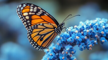 Monarch Butterfly on Blue Flowers Macro Detail insect nature photo