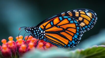 Monarch Butterfly on Red Flowers with Teal photo Background insect macro