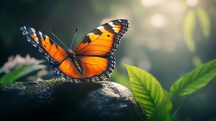Monarch Butterfly Resting on a Rock with Green Leaves and Sunlight insect nature photo