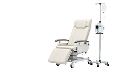 Hospital bay immunoglobulin therapy equipment including infusion chair adjustable IV stand with pump and monitoring devices showcased against a white backdrop.