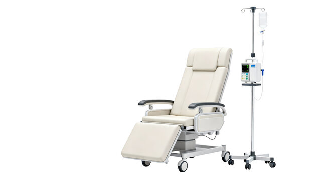 Hospital bay immunoglobulin therapy equipment including infusion chair adjustable IV stand with pump and monitoring devices showcased against a white backdrop.