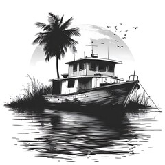 Monochrome Fishing Boat Stranded with Palm Tree and Birds photo black and white