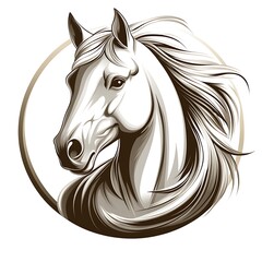 Monochrome illustration of a photo white horse head with flowing mane in a circle equine