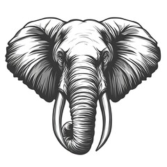 Monochrome illustration of an elephant head with detailed trunk and tusks photo black and white