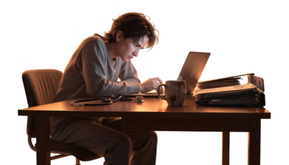 Person seated slouched at a cozy home desk with a warmtoned ambiance cold coffee cup and closed laptop symbolizing mental burnout and physical tiredness in medicalthemed imagery.