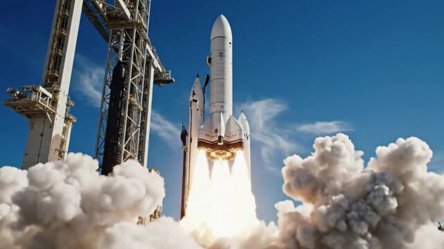 A powerful, multi-stage launch vehicle ascends dynamically from its gantry, propelled by intense fiery exhaust and massive clouds of billowing white smoke. The sleek, modern rocket climbs against a vi