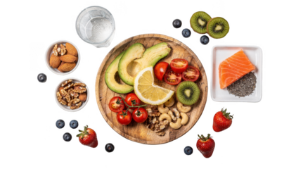 Topdown view of a wooden table showcasing fresh fruits a glass of water nuts and omegarich foods promoting scalp health on a clean white background.