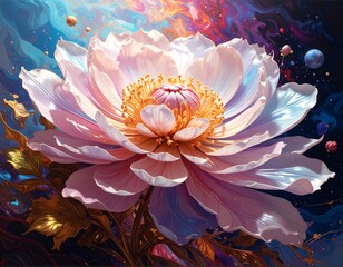 Large, pastel flower blooming in front of a colorful, swirling cosmos
