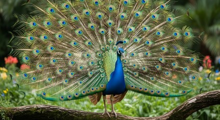 Obraz premium Majestic peacock displaying vibrant colorful feathers in garden