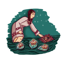 Ivan Kupala ritual of placing flower wreaths on water, fortune telling and midsummer tradition illustration.