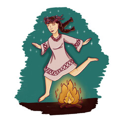 Young woman jumping over ritual fire during Ivan Kupala celebration, Slavic midsummer tradition illustration.