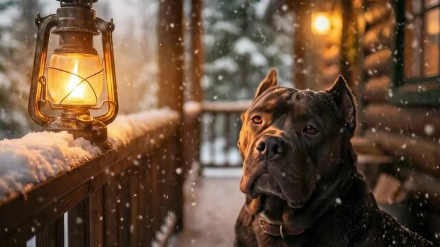 mini bully dog | A loyal dog sits by a warm lantern on a snowy cabin porch, surrounded by a serene winter landscape, evoking feelings of comfort and companionship in nature