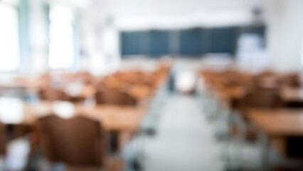 Soft-focused interior of a classroom with rows of wooden desks and a front board