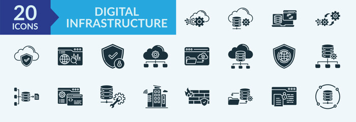 Digital infrastructure - Icon Collection. Thin Solid Glyph Set contains such Icons as database, cloud storage, network monitoring, data synchronization and more. Simple web icons set