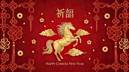 Golden horse and traditional Chinese New Year elements on a vibrant red background, symbolizing prosperity, good fortune, and cultural celebrations
