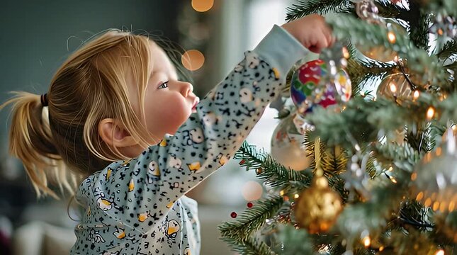 Joyful toddler girl excitedly decorates a shimmering holiday tree with colorful ornaments, creating cherished festive memories
